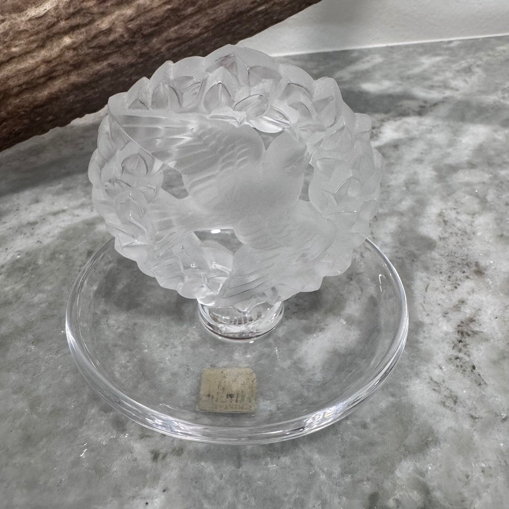 Lalique France Crystal Pax Dove Wreath Ring Dish Trinket Tray Original Sticker